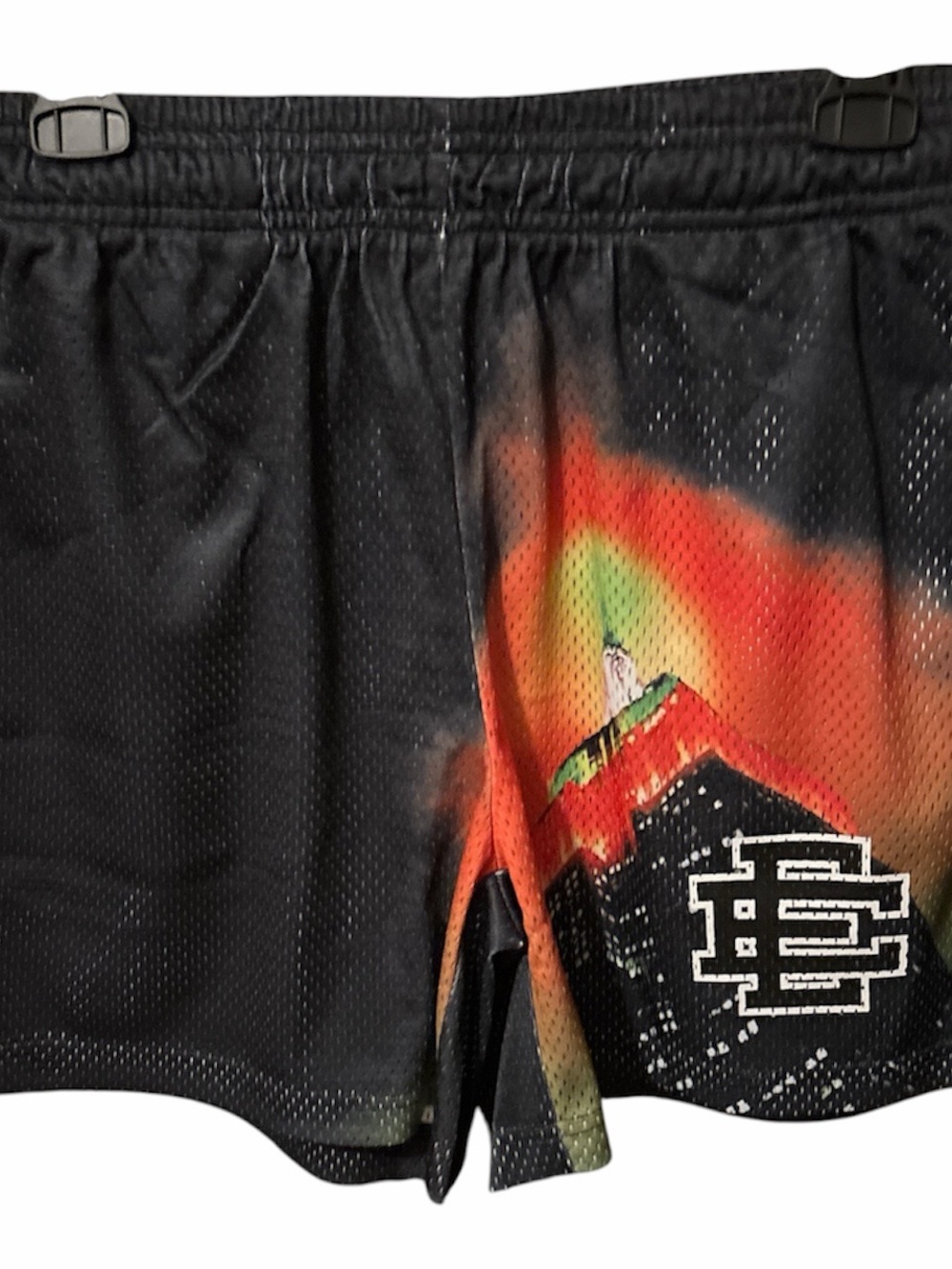 Eric Emanuel Black empire State building Mesh Shorts with White Lined Waistband